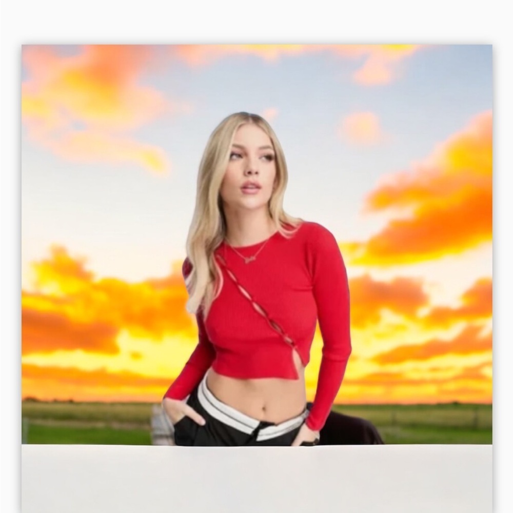 ASOS-Diagonal Lace-Up Long Sleeve Top-Seamless Ribbed Sz M-NWOT-Red-Garage-☀️❤️ - Picture 5 of 9